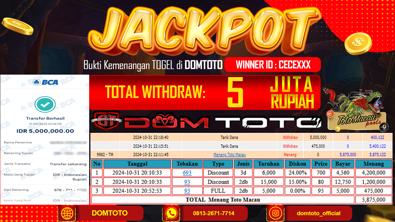 JACKPOT TOGEL TOTO MACAU 31 OKTOBER 2024
